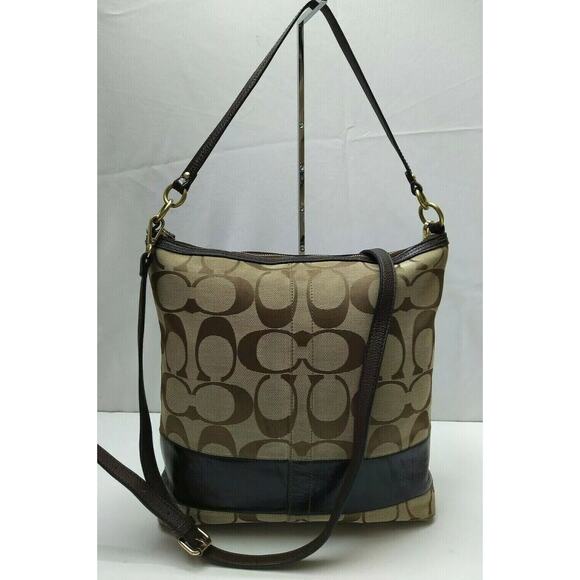 Coach Signature Brown Canvas Leather Trim Zipper Crossbody Shoulder Bag - Picture 1 of 14
